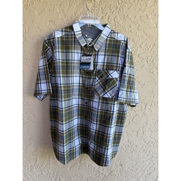 LAPG NWT Green White Cotton Plaid Terrain Shirt Mens X-Large Pocket Short Sleeve - Picture 2 of 10